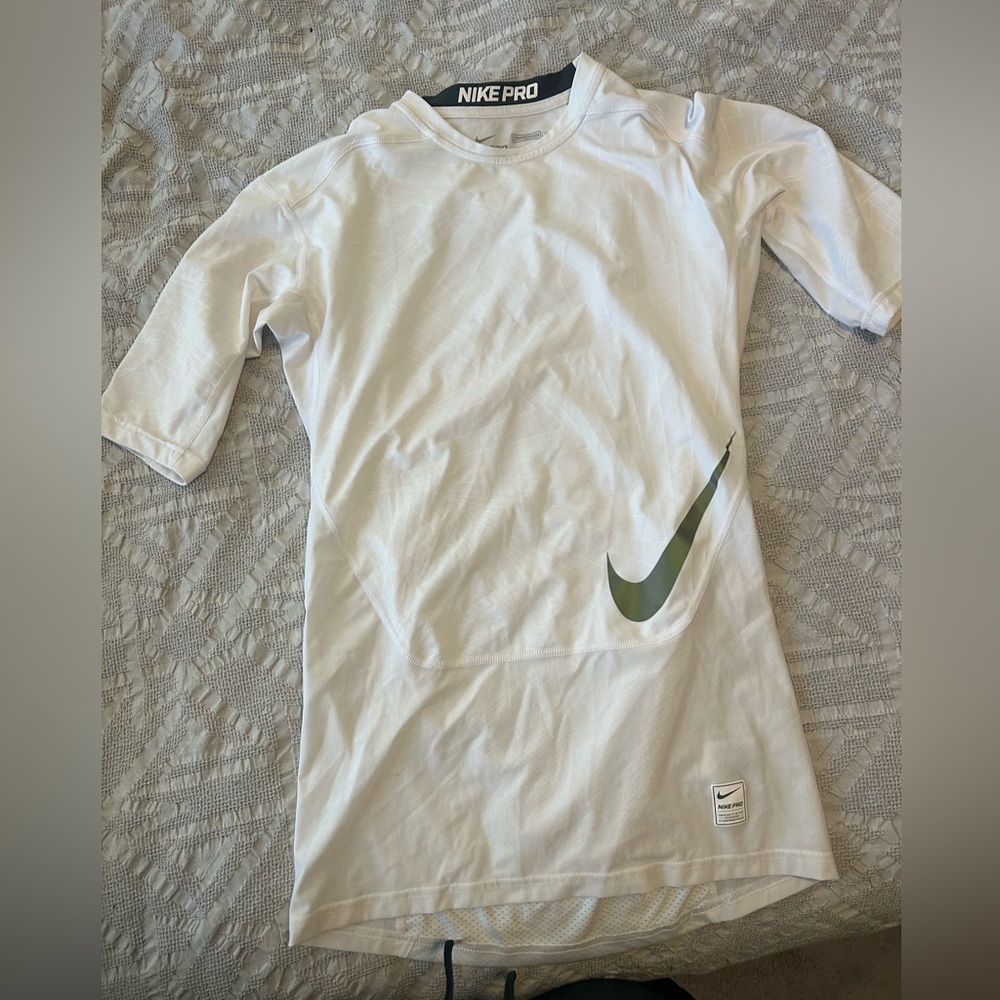 White Nike Pro Mid-Sleeve Compression Shirt